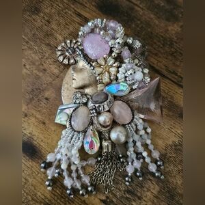 Handmade Jeweled Brooch‎ Woman Face Art Deco Beaded Artisan Jewelry Pin Boho Vtg